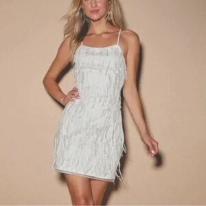 NWOT Lulus making magic white fringe lace-up mini dress